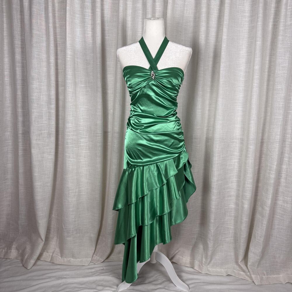 Blondie Nites Green Satin Ruffle Dress